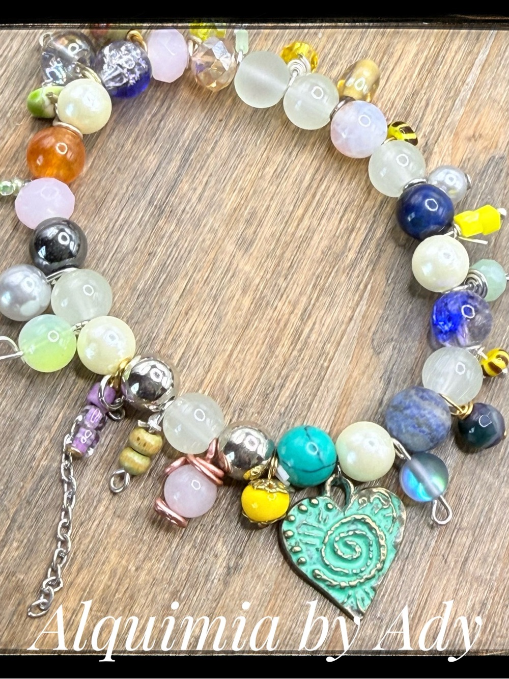 Alquimia Multicolor Bead Bracelet with Turquoise-Green Heart Pendant
